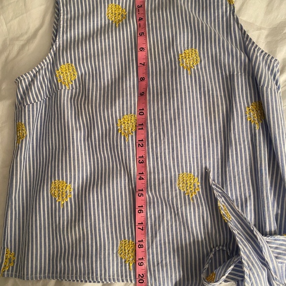 J. Crew blue striped, size 4, yellow pineapple embroidered, side tie tank. - Picture 11 of 13
